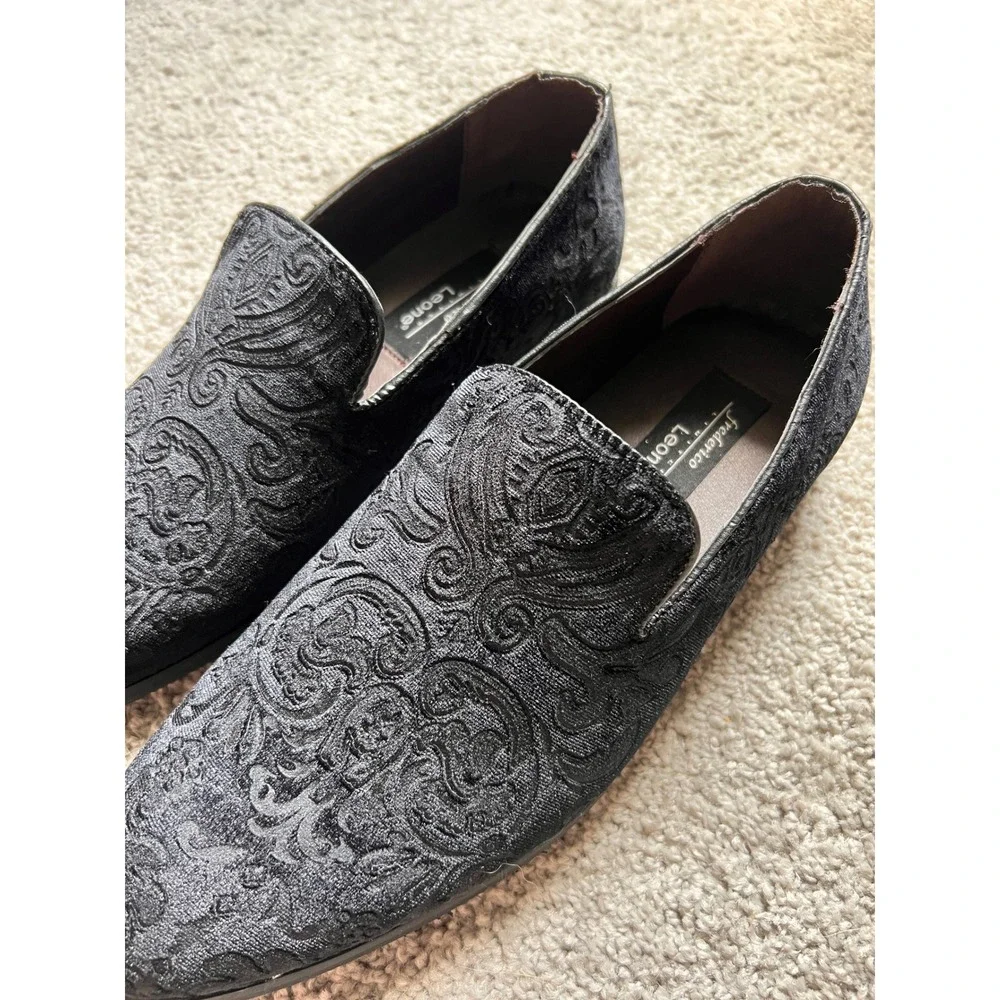 Frederico Leone Mens Black Velvet Paisley Damask Loafer Formal Shoes FS-650 10.5